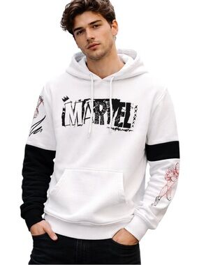 Marvel Men’s White Destruction Avengers Graphic Logo Pullover Hoodie, size S.